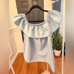 Vero Moda Chambray Off Shoulder Ruffle Top Blue Lightweight Boho Blouse Size M